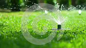 Automatic lawn sprinkler watering grass.