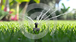 Automatic lawn sprinkler watering grass.