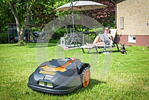 Automatic lawnmower garden scenery