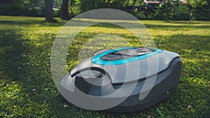Automatic lawnmower in modern garden in sunny day. Panorama, banner.