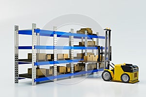 Automatic lifting vehicle working to lifting parcel box to warehouse shelf on clearing background