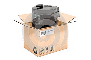 Automatic multicooker inside cardboard box, delivery concept. 3D rendering