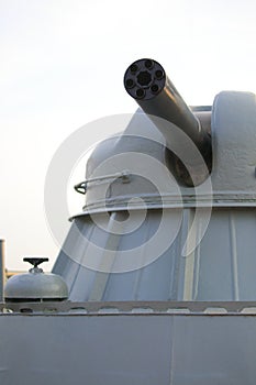 The automatic naval close-in weapon system AK-630. Front view on uncovered muzzle. Closeup