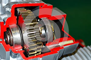 Automatic open gear box for truck. Automotive transmission repair and maintenance services, backgroung, texture.