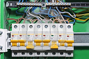 Automatic overload protection devices in the power supply network. Circuit breakers or fuses are an electrical safety