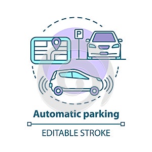 Automatic parking concept icon. Driverless car navigation. Smart car-maneuvering system. Self-driving feature idea thin