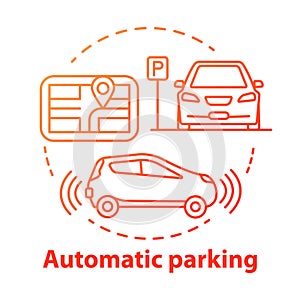 Automatic parking concept icon. Driverless car navigation. Smart car-maneuvering system. Self-driving feature idea thin