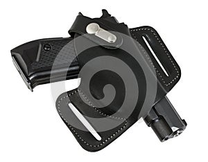 Automatic pistol in holster black color. photo
