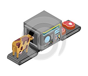 Automatic production of steaks. Cow and meat Production complex of technological equipment. Beef Engineering vehicle isometric.