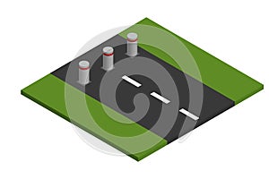 Automatic retractable bollards limiting traffic on the city road. Vector isometric illustration.