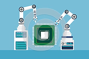 Automatic robot arm produces processor,microchip,chipset.