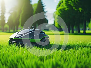 Automatic robot lawn mower on a green lawn. ai generative