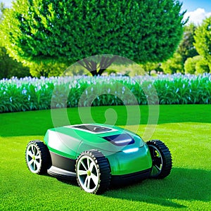 Automatic robot lawn mower on a green lawn with summer landscape High quality