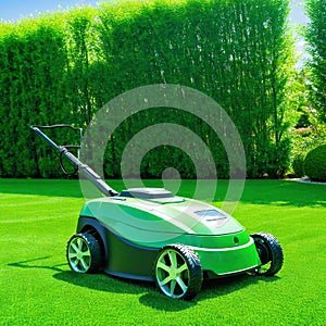 Automatic robot lawn mower on a green lawn with summer landscape High quality