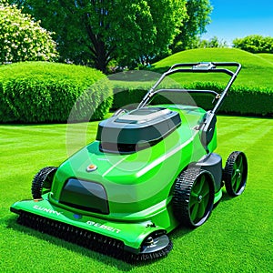 Automatic robot lawn mower on a green lawn with summer landscape High quality