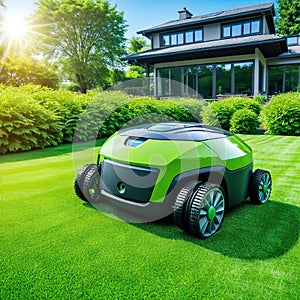 Automatic robot lawn mower on a green lawn with summer landscape High quality