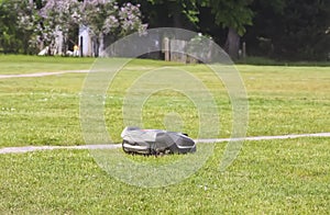 Automatic robot lawnmower mowing green grass on a lawn in a warm sunny summer day