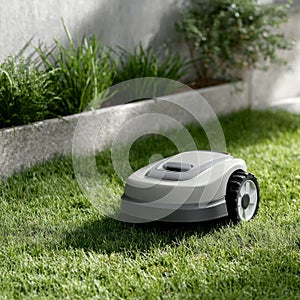 Automatic robot lawnmower trimming grass in a garden.