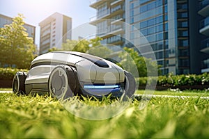 Automatic robotic lawn mower moving on green lawn near modern residential apartment building houses. Automated smart