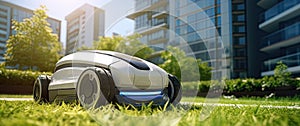 Automatic robotic lawn mower moving on green lawn near modern residential apartment building houses. Automated smart