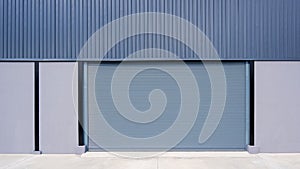 Automatic roller shutter entrance door on gray concrete and corrugated metal wall of new modern warehouse building