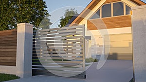 Automatic Sliding Gate and house, 3d illustration