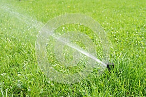 Automatic smart lawn sprinkler with adjustable head watering green lawn grass in sunny day