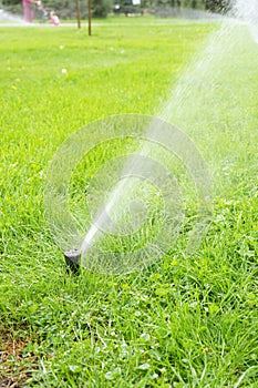 Automatic smart lawn sprinkler with adjustable head watering green lawn grass in sunny day