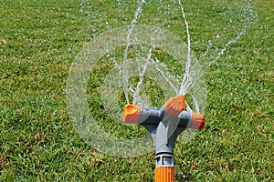 Automatic sprinkler system watering the lawn on a background of green grass, close-up