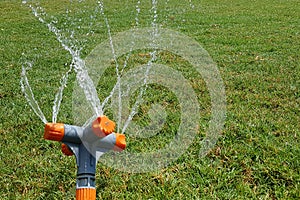 Automatic sprinkler system watering the lawn on a background of green grass, close-up