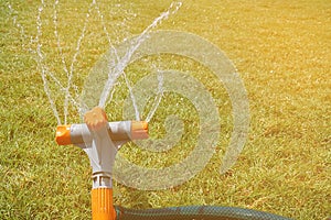 Automatic sprinkler system watering the lawn on a background of green grass, close-up