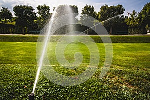 automatic sprinkler system watering the lawn on a background of green grass. Garden irrigation system watering lawn on a sunny