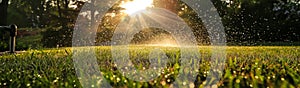 Automatic sprinklers hydrating green lawn at sunrise, with sparkling water droplets and sun flare, concept of gardening