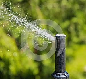 Automatic sprinklers watering grass. Garden Watering Systems. Irrigation System Watering the green grass