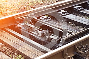 Automatic switch mechanism on the railroad, close-up, railway