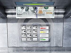 Automatic teller machine ATM with dollar bankroll. 3D illustration