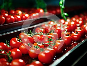 Automatic tomato washing machine on production line in a factory. Food Industry.