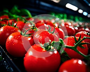 Automatic tomato washing machine on production line in a factory. Food Industry.