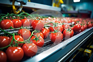 Automatic tomato washing machine on production line in a factory. Food Industry.