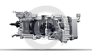 Modern heavy duty automatic transmission of a truck isolated over white background