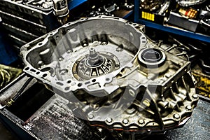 Automatic transmission gearbox in repair shop
