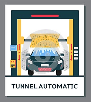 Automatic tunnel car wash poster template, flat vector illustration.