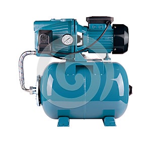 Automatic water supply station isolated white background. Metal pump casing, pressure sensor. Blue color station. Rele
