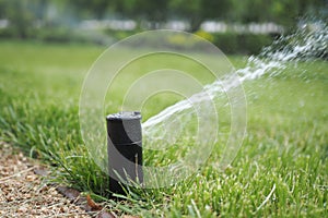 automatic watering grass, garden lawn sprinkler in action.