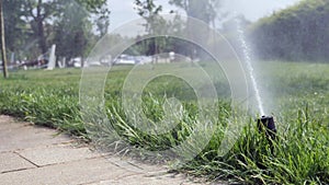 automatic watering grass, garden lawn sprinkler in action.