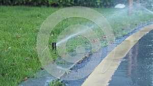 automatic watering grass, garden lawn sprinkler in action.