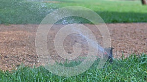 automatic watering grass, garden lawn sprinkler in action.