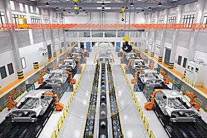 Automation automobile factory concept with robot assembly line