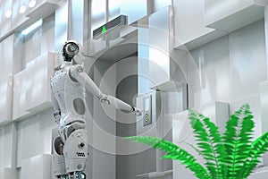 Automation elevator technology concept with cyborg hand push elevator button