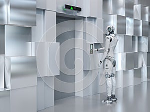Automation elevator technology concept with cyborg hand push elevator button